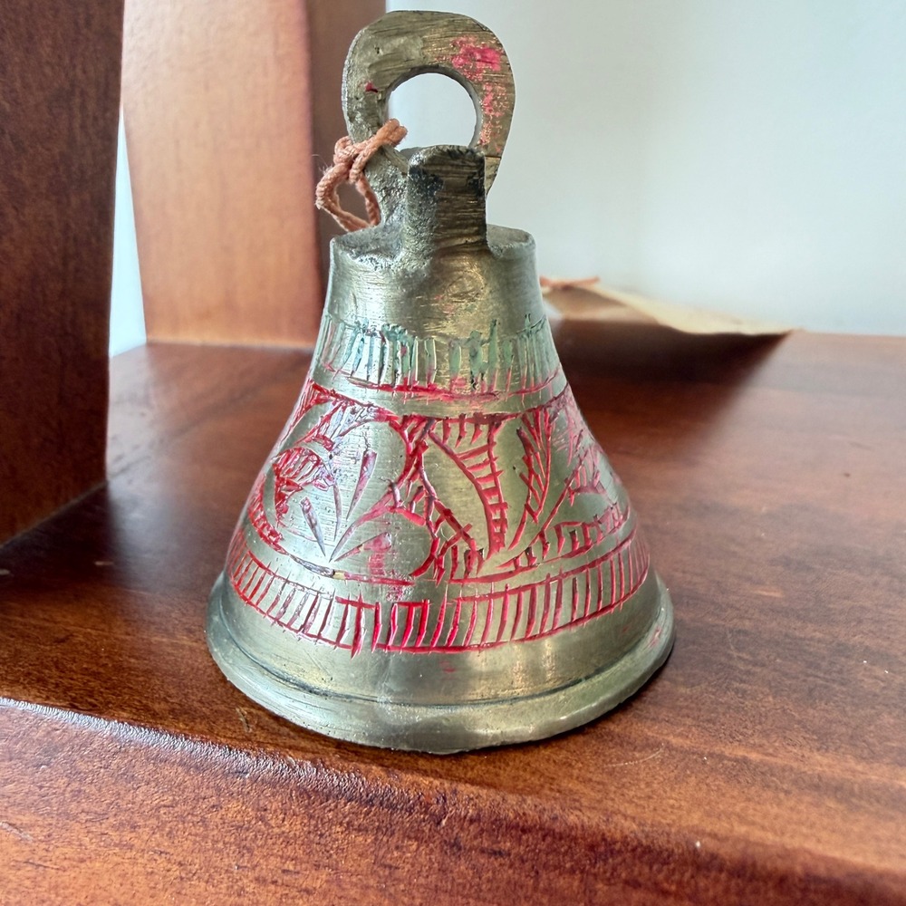 Vintage Bells of Sarna Sadhu Wandering Monk Bell Etched Brass India 1952 Tag